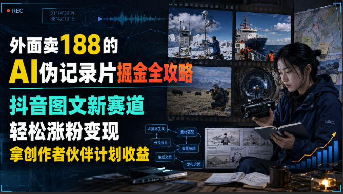 外面卖188的AI伪记录片掘金全攻略,抖音图文新赛道,轻松涨粉变现,拿创作者伙伴计划收益【文档】-轻创终点站