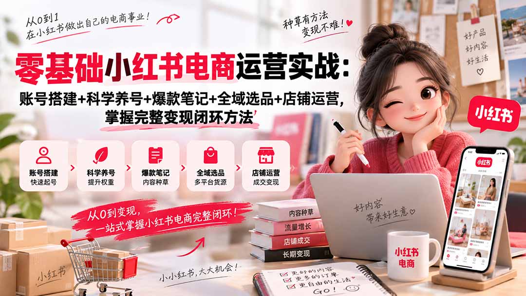 零基础小红书电商运营实战：账号搭建+科学养号+爆款笔记+全域选品+店铺运营，掌握完整变现闭环方法-轻创终点站