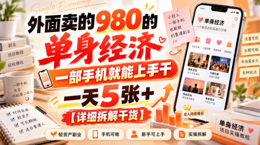 外面卖的980的单身经济，一部手机就能上手干，一天5张+【详细拆解干货】-轻创终点站