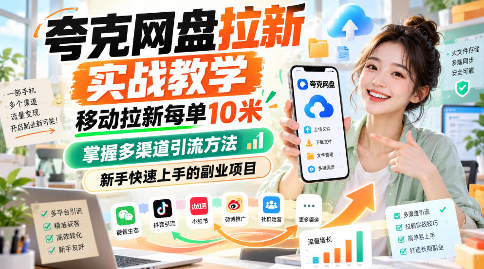 夸克网盘拉新实战教学，移动拉新每单10米，掌握多渠道引流方法，新手快速上手的副业项目(更新1017)-轻创终点站