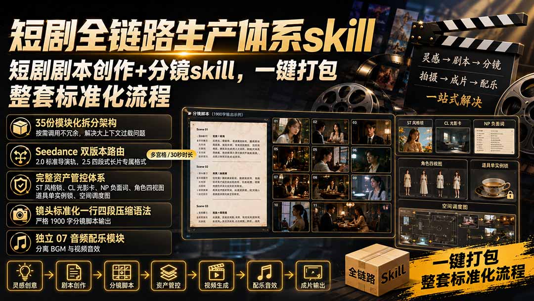 短剧全链路生产体系skill，短剧剧本创作+分镜skill，一键打包，整套标准化流程-轻创终点站