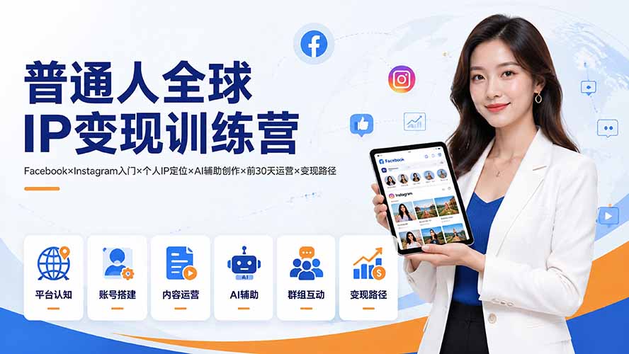 普通人全球IP变现训练营：Facebook×Instagram入门×个人IP定位×AI辅助创作×前30天运营×变现路径-轻创终点站