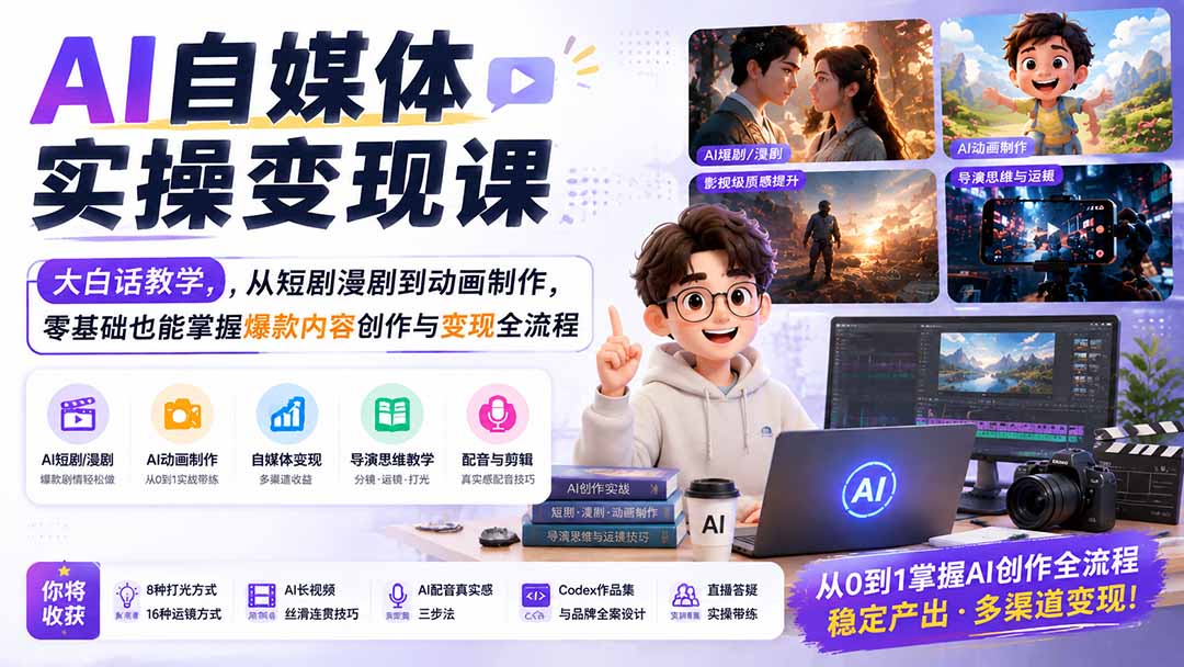 AI自媒体实操变现课｜大白话教学，从短剧漫剧到动画制作，零基础也能掌握爆款内容创作与变现全流程-轻创终点站
