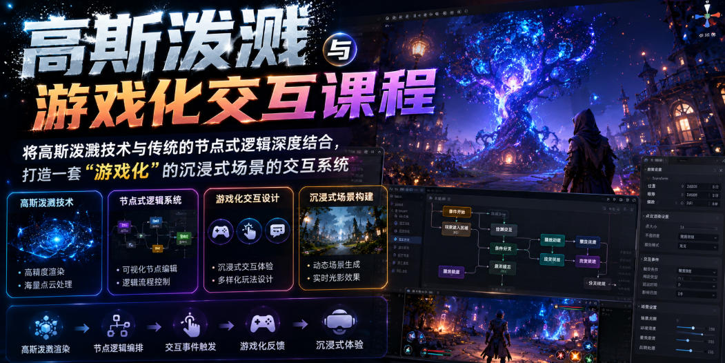 高斯泼溅与游戏化交互课程，将高斯泼溅技术与传统的节点式逻辑深度结合，打造一套“游戏化”的沉浸式场景的交互系统-源创文化:轻创终点站