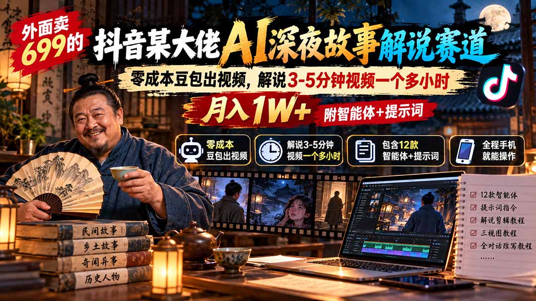 外面卖699的抖音某大佬AI深夜故事解说赛道：零成本豆包出视频，解说3-5分钟视频一个多小时，月入1W+附智能体+提示词-轻创终点站