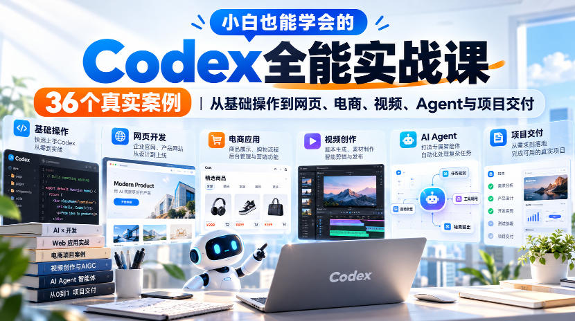 小白也能学会的Codex全能实战课｜36个真实案例，从基础操作到网页、电商、视频、Agent与项目交付-轻创终点站