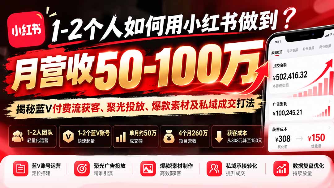 1-2个人如何用小红书做到月营收50-100万？揭秘蓝V付费流获客、聚光投放、爆款素材及私域成交打法-轻创终点站