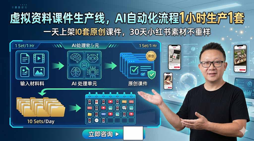 虚拟资料课件生产线，AI自动化流程1小时生产1套，一天上架10套原创课件，30天小红书素材不重样-源创文化:轻创终点站