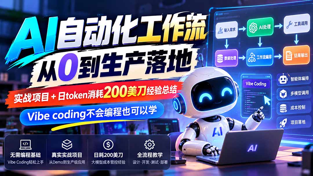 【无水印】AI自动化工作流从0到生产落地，实战项目+日token消耗200美刀经验总结，Vibe coding不会编程也可以学-轻创终点站