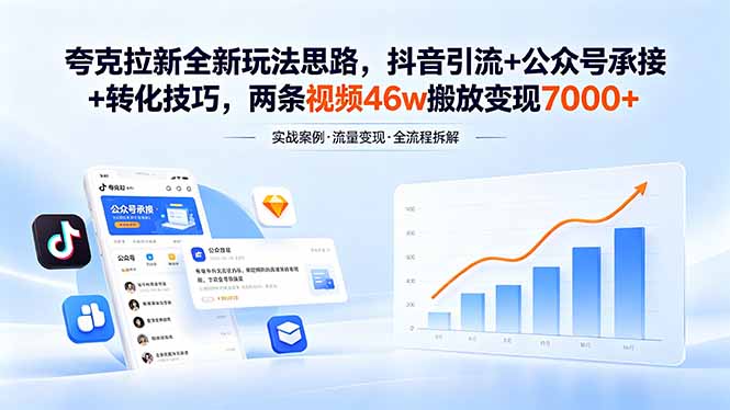 夸克拉新全新玩法思路，抖音引流+公众号承接+转化技巧，两条视频46w搬放 变现7000+-源创文化:轻创终点站