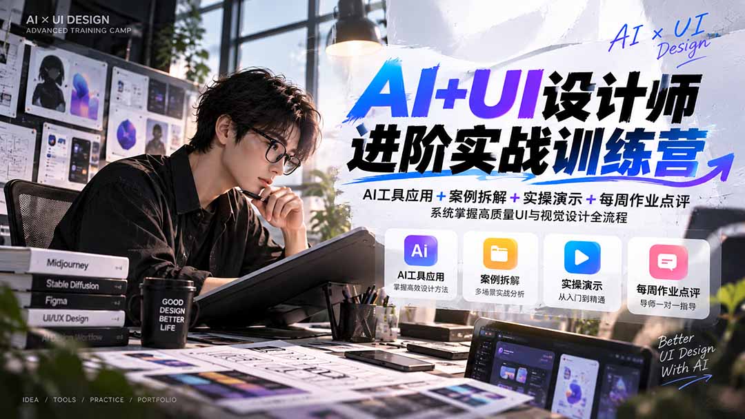 【无水印】AI+UI设计师进阶训练营-第4期：AI工具应用+案例拆解+实操演示+作业点评，掌握高质量UI与视觉设计全流程-轻创终点站