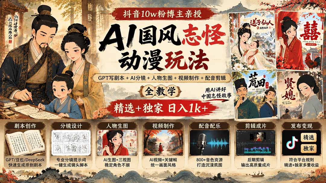 抖音10w粉博主亲授AI国风志怪动漫玩法｜GPT写剧本+AI分镜+人物生图+视频制作+配音剪辑全教学｜精选+独家日入1k+-轻创终点站