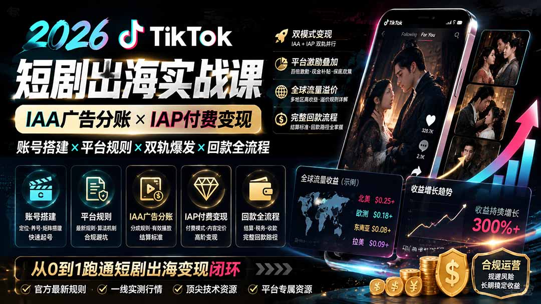 2026TikTok短剧出海实战课：IAA广告分账×IAP付费变现×账号搭建×平台规则×双轨爆发×回款全流程-轻创终点站