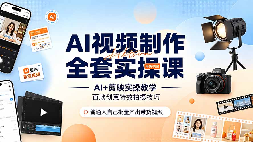 AI视频制作全套实操课,多款AI工具搭配剪映教学,百种特效运镜拍摄实操,抖音账号带货运营全覆盖-源创文化:轻创终点站