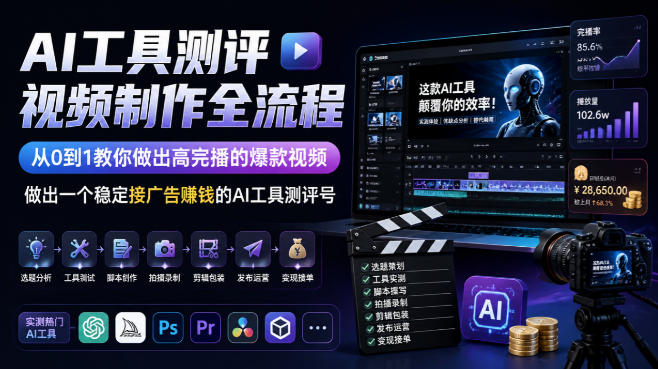 AI工具测评视频制作全流程，从0到1教你做出高完播的爆款视频，做出一个稳定接广告賺钱的AI工具测评号-轻创终点站