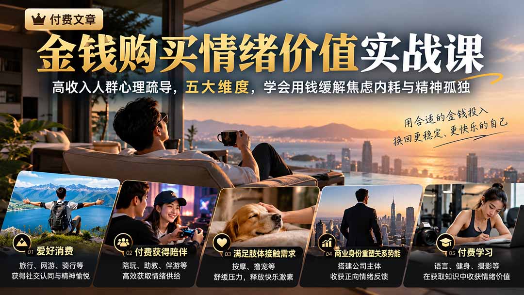 付费文章：金钱购买情绪价值实战课｜高收入人群心理疏导，五大维度，学会用钱缓解焦虑内耗与精神孤独-轻创终点站