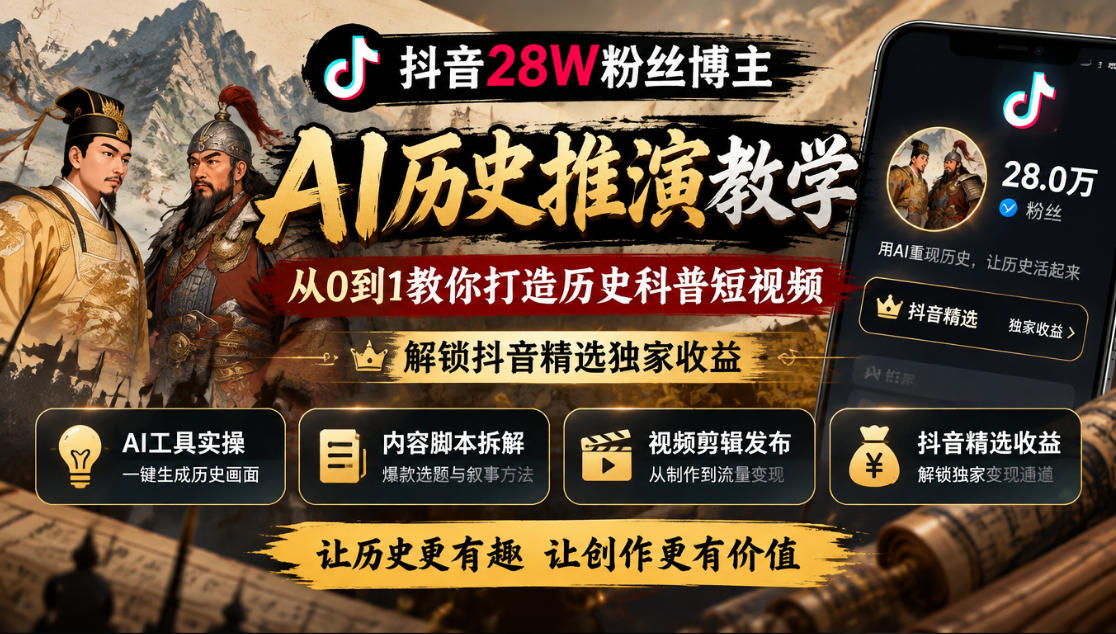 抖音28W粉丝博主的AI历史推演教学，从0到1教你打造历史科普短视频，解锁抖音精选独家收益-轻创终点站
