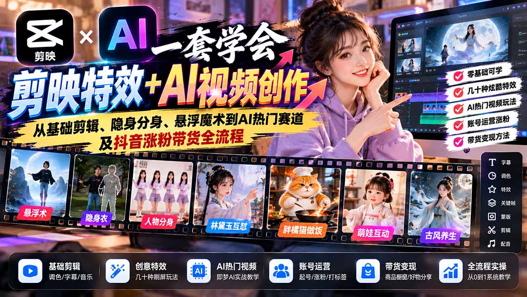 一套学会剪映特效+AI视频创作：从基础剪辑、隐身分身、悬浮魔术到AI热门赛道及抖音涨粉带货全流程-轻创终点站