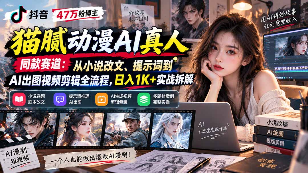抖音47万粉博主猫腻动漫AI真人同款赛道：从小说改文、提示词到AI出图视频剪辑全流程，日入1K+实战拆解-轻创终点站