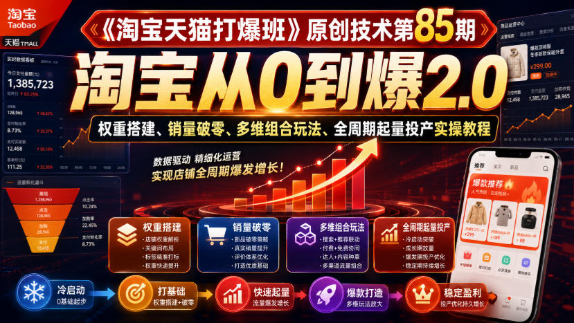 《淘宝天猫打爆班》原创技术第85期,淘宝从0到爆2.0,权重搭建、销量破零、多维组合玩法、全周期起量投产实操教程-轻创终点站