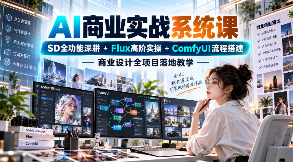 AI商业实战系统课｜SD全功能深耕+Flux高阶实操+Comfyui流程搭建，商业设计全项目落地教学-轻创终点站