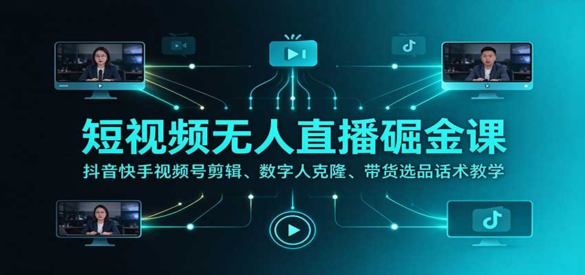 短视频无人直播掘金课：抖音快手视频号剪辑、数字人克隆、带货选品话术教学-轻创终点站