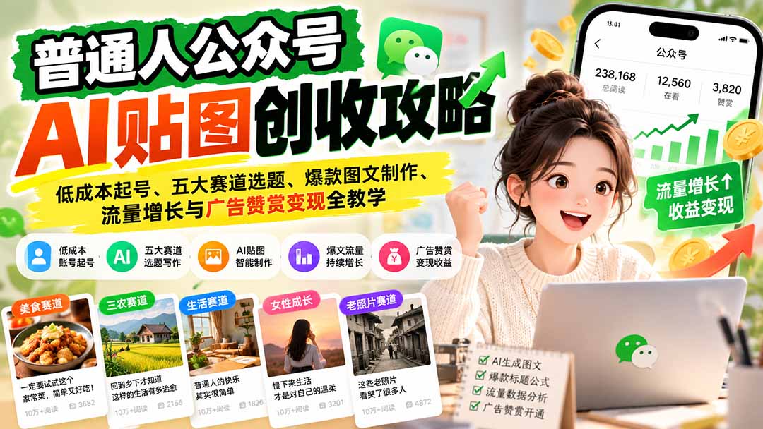 普通人公众号AI贴图创收攻略：低成本起号、五大赛道选题、爆款图文制作、流量增长与广告赞赏变现全教学-轻创终点站