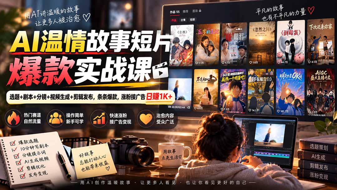 AI温情故事短片爆款实战课-更新｜选题+剧本+分镜+视频生成+剪辑发布，条条爆款，涨粉接广告日赚1K+-轻创终点站