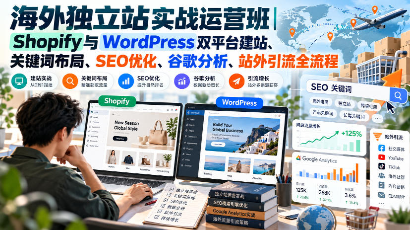 海外独立站实战运营班｜Shopify与WordPress双平台建站、关键词布局、SEO优化、谷歌分析、站外引流全流程-轻创终点站