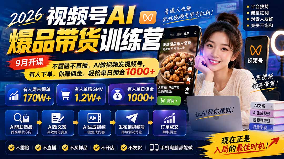 2026视频号AI爆品带货训练营-9月开课｜不露脸不直播，AI做视频发视频号，有人下单，你赚佣金，轻松单日佣金1000+-轻创终点站