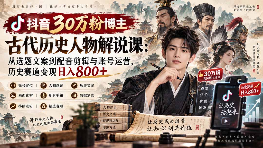 抖音30万粉博主古代历史人物解说课：从选题文案到配音剪辑与账号运营，历史赛道变现日入800+-轻创终点站