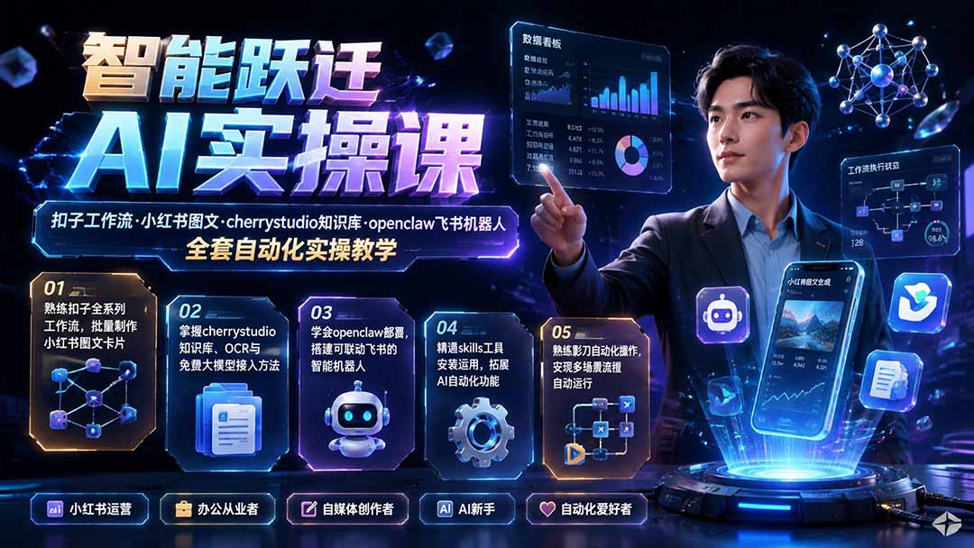 智能跃迁 AI实操课｜扣子工作流小红书图文搭建，cherrystudio知识库openclaw飞书机器人全套自动化实操教学-轻创终点站