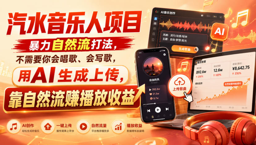 汽水音乐人项目，暴力自然流打法，不需要你会唱歌、会写歌，用AI生成上传，靠自然流賺播放收益-轻创终点站