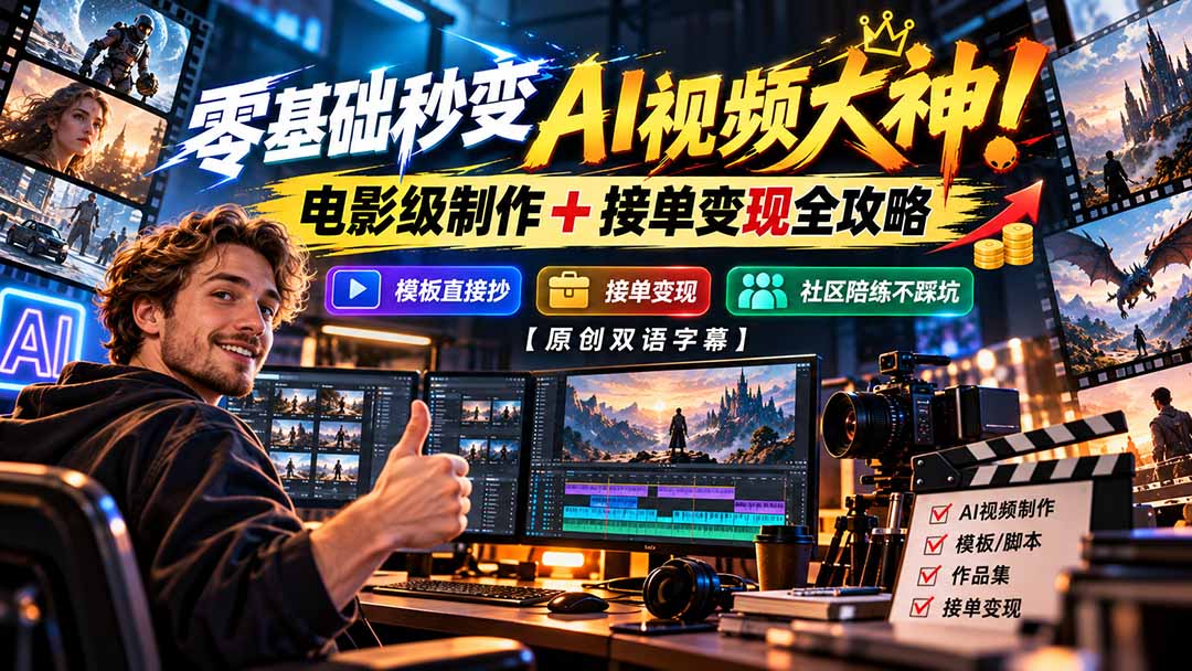 零基础秒变AI视频大神！电影级制作 + 接单变现全攻略，模板直接抄，社区陪练不踩坑【原创双语字幕】-轻创终点站