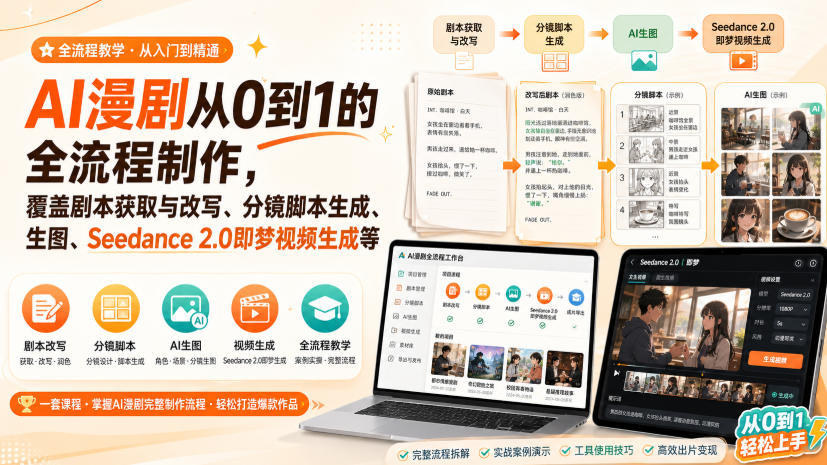 AI漫剧从0到1的全流程制作，覆盖剧本获取与改写、分镜脚本生成、角色场景生图与三视图、Seedance 2.0即梦视频生成(PDF版)-轻创终点站