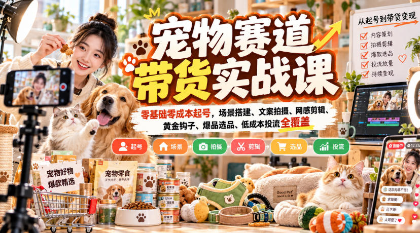 宠物赛道带货实战课，零基础零成本起号，场景搭建、文案拍摄、网感剪辑、黄金钩子、爆品选品、低成本投流全覆盖-轻创终点站