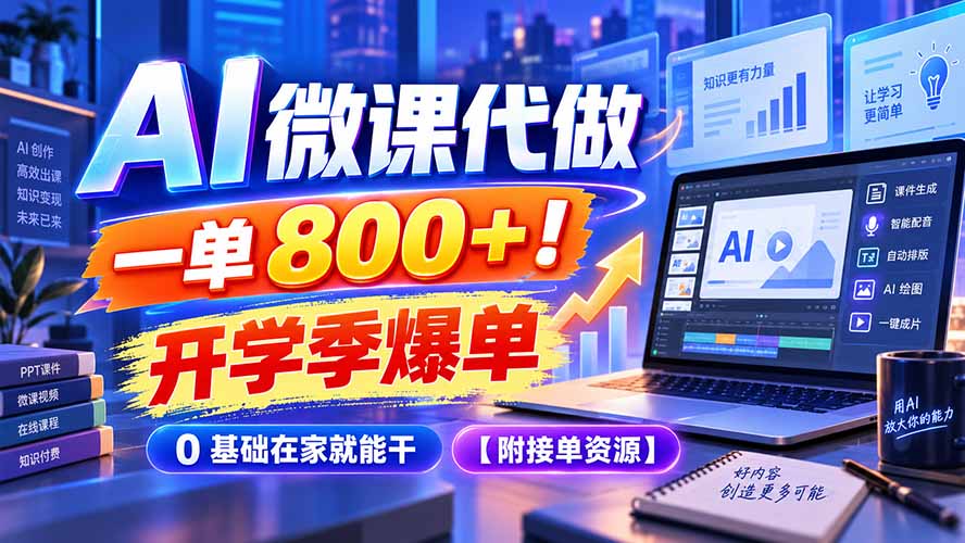 AI 微课代做，一单 800+！开学季爆单，0 基础在家就能干【附接单资源】-轻创终点站