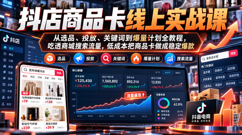 抖店商品卡线上实战课｜从选品、投放、关键词到爆量计划全教程，吃透商城搜索流量，低成本把商品卡做成稳定爆款-轻创终点站