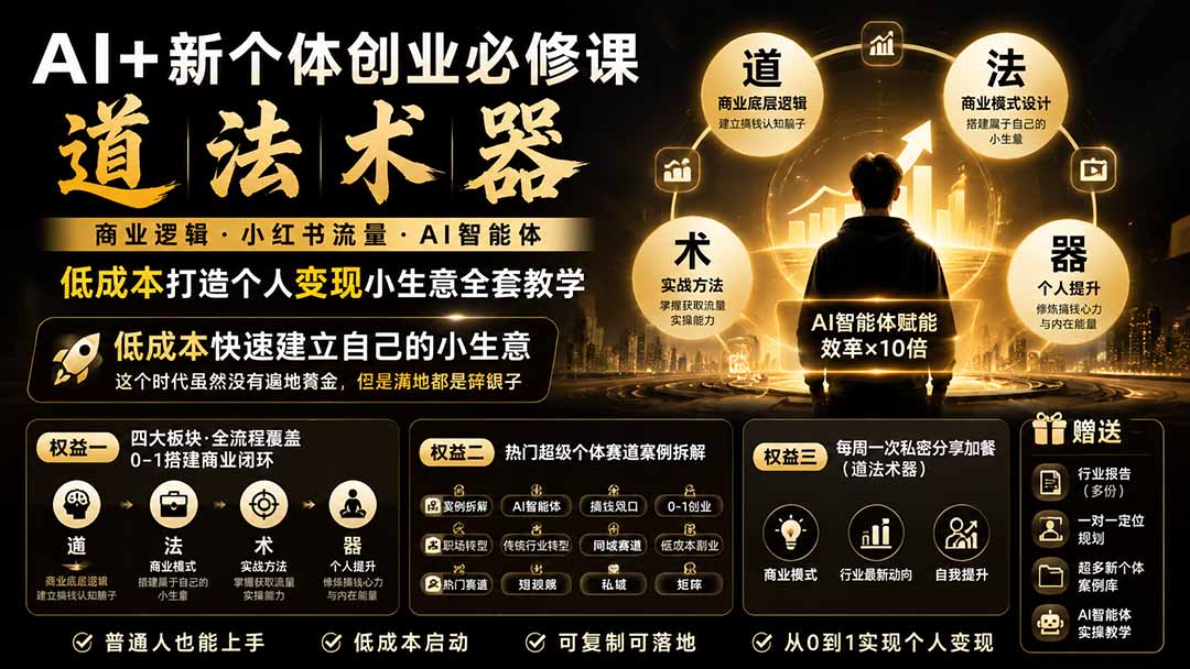 AI+新个体创业必修课｜道法术器｜商业逻辑·小红书流量·AI智能体｜低成本打造个人变现小生意全套教学-轻创终点站