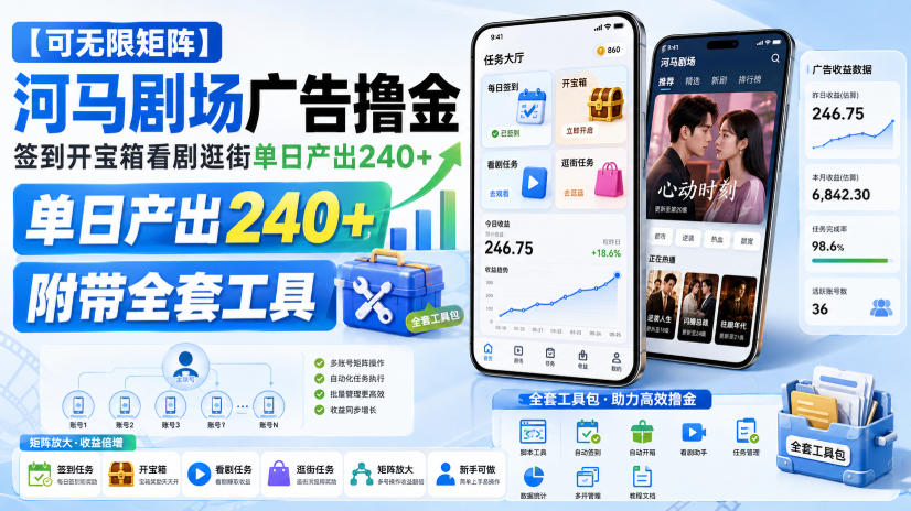 【可无限矩阵】河马剧场广告撸金，签到开宝箱看剧逛街单日产出240+，附带全套工具【揭秘】-轻创终点站