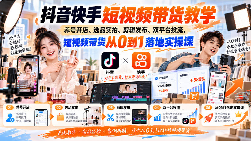 抖音快手短视频带货教学｜养号开店、选品实拍、剪辑发布、双平台投流，短视频带货从0到1落地实操课-轻创终点站