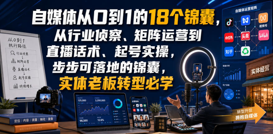 自媒体从0到1的18个锦囊，从行业侦察、矩阵运营到直播话术、起号实操，步步可落地的锦囊，实体老板转型必学-轻创终点站
