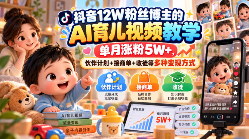 抖音12W粉丝博主的AI育儿视频教学，单月涨粉5W+，伙伴计划+接商单+收徒等多种变现方式-轻创终点站