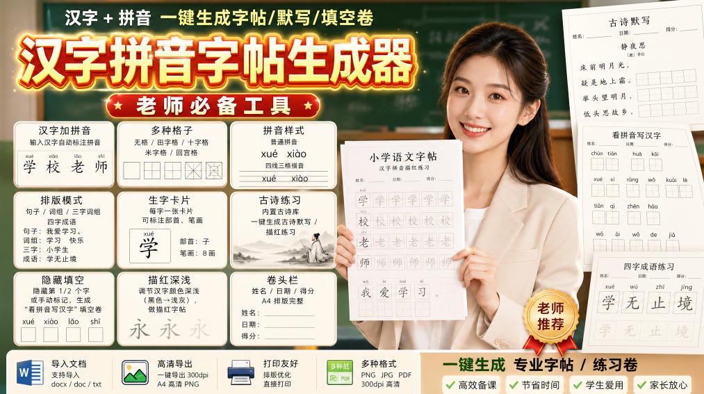 学习神器，汉字拼音字帖生成器，汉字+拼音 一键生成字帖/默写/填空卷，支持词组、成语，老师、家长必备-轻创终点站