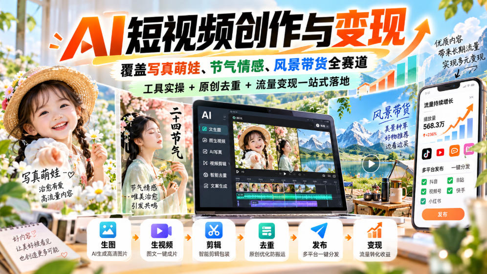 AI短视频创作与变现,覆盖写真萌娃、节气情感、风景带货全赛道,工具实操+原创去重+流量变现一站式落地-轻创终点站