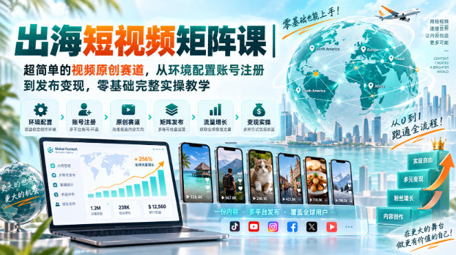 出海短视频矩阵课｜超简单的视频原创赛道，从环境配置账号注册到发布变现，零基础完整实操教学-轻创终点站
