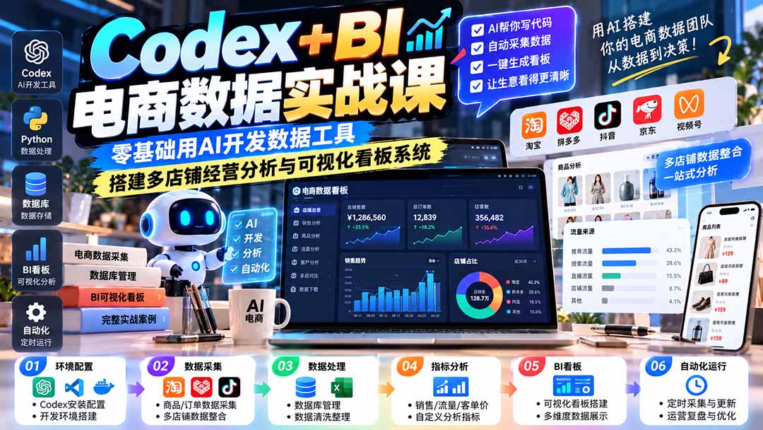 Codex+BI电商数据实战课：零基础用AI开发数据工具，搭建多店铺经营分析与可视化看板系统-轻创终点站