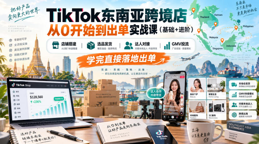 TikTok东南亚跨境店从0开始到出单实战课(基础+进阶),店铺搭建、选品发货、达人对接、GMV投流,学完直接落地出单