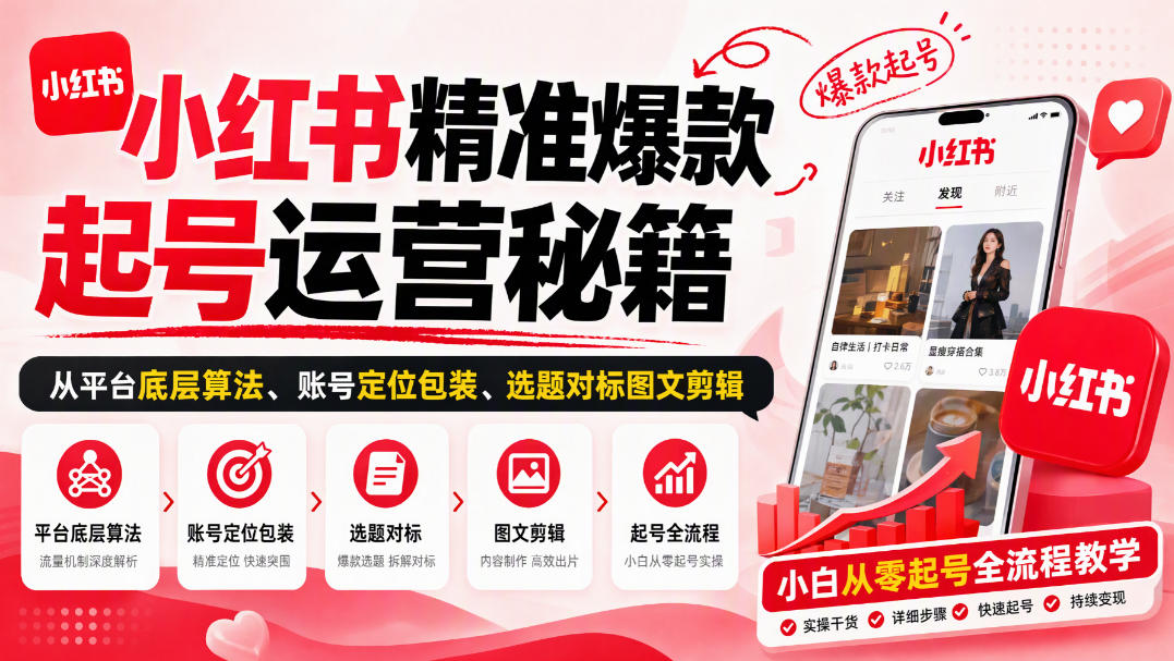 小红书精准爆款起号运营秘籍,从平台底层算法、账号定位包装、选题对标图文剪辑,小白从零起号全流程-轻创终点站