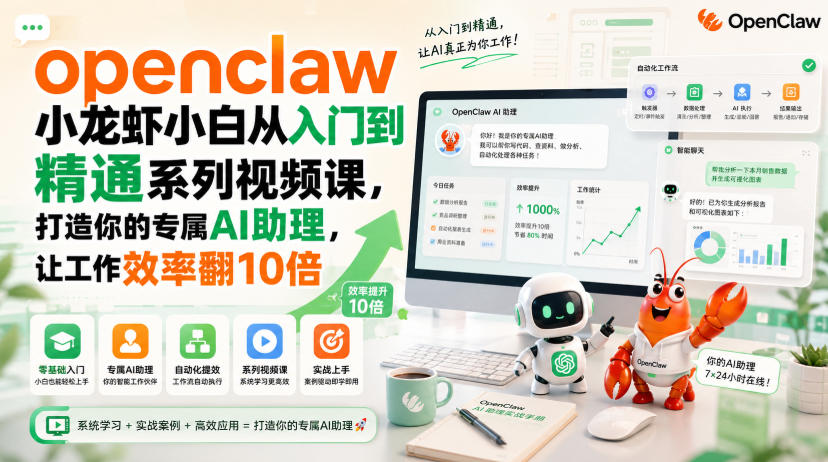 openclaw小龙虾小白从入门到精通系列视频课，打造你的专属AI助理，让工作效率翻10倍-轻创终点站